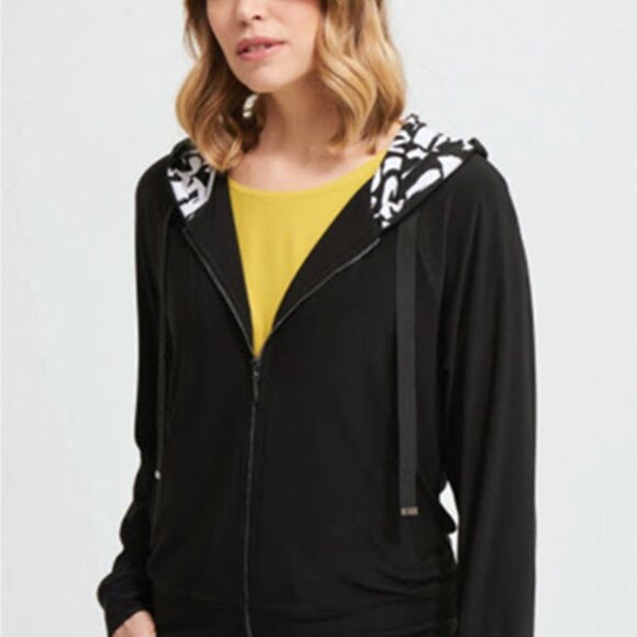 Black Zip-Up Hoodie with Patterned Hood - Picture 2 of 14